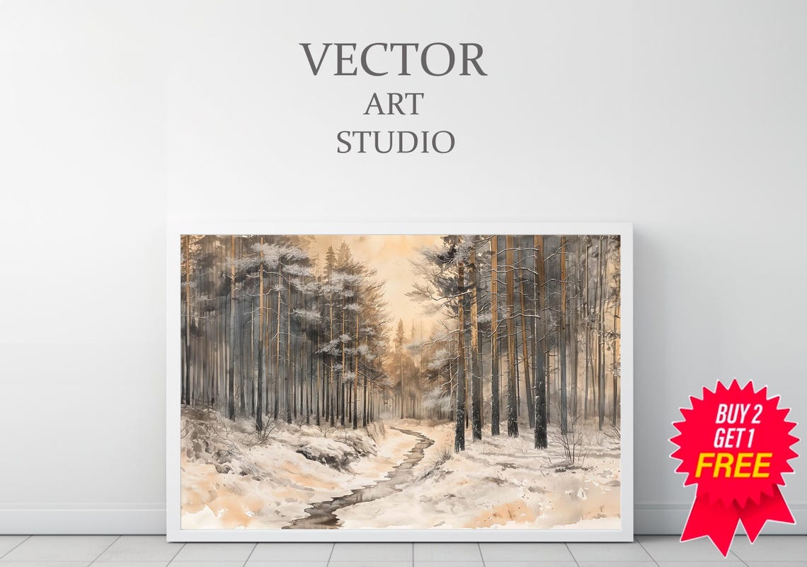 Vintage Winter Sketch Flocked Snowy Trees Vintage Art - Image 3