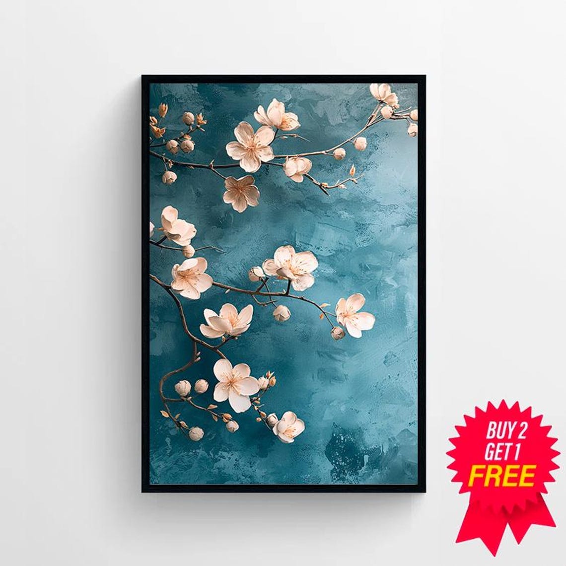 Pink Cherry Blossom Branches on Deep Teal Background Spring Poster - Image 4