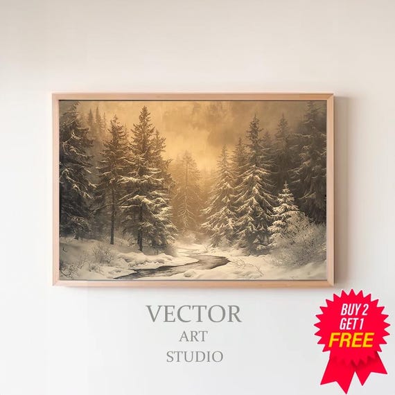 Vintage Winter Sketch Flocked Snowy Trees Vintage Art