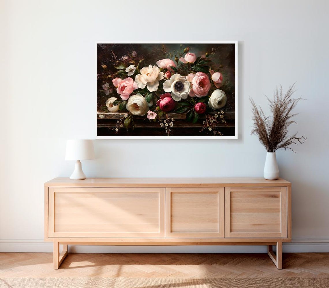 Moody Dark Floral Still Life Roses on Stone Ledge Vintage Poster - Image 2