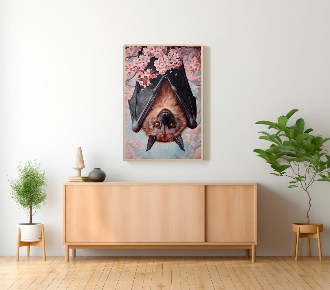 Flying Fox Bat Face Close Up in Cherry Blossoms Painting Poster - Image 2