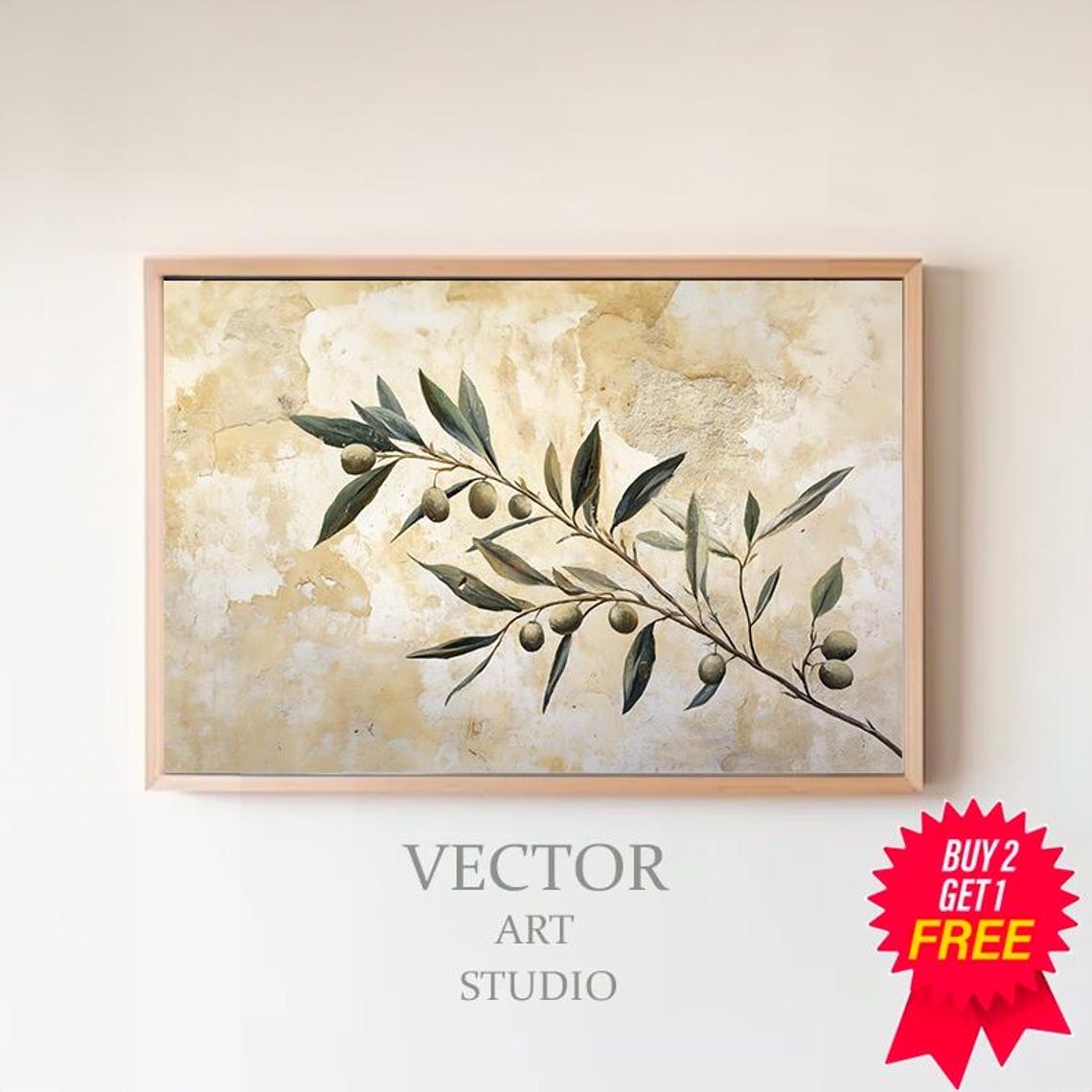 Olive Branch Fresco On Aged Plaster Wall Botanical Art Poster
