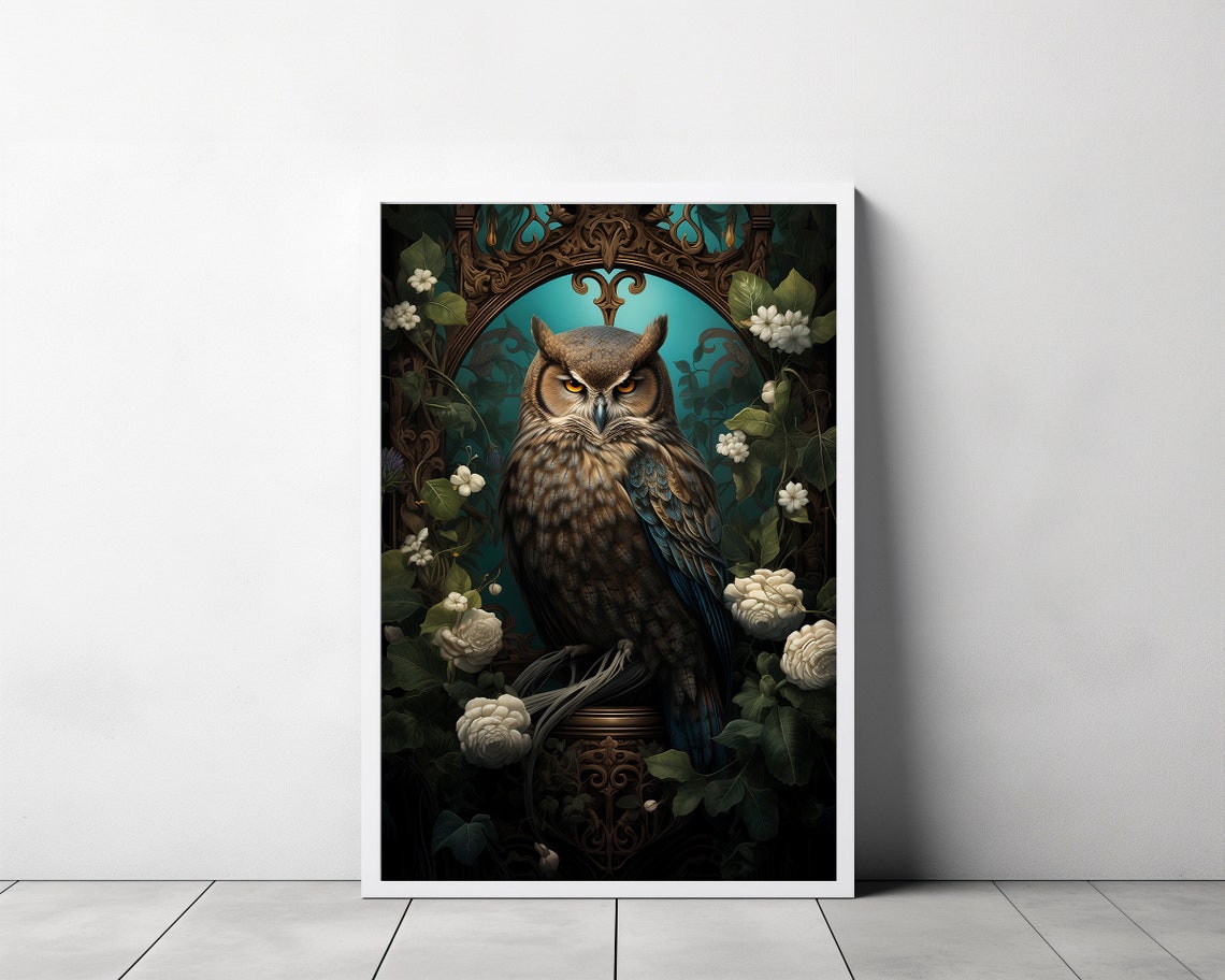 Owl Under a Golden Arch with White Roses Gothic Fantasy Art Poster - Image 3