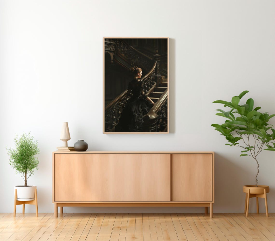 Victorian Lady in Black Gown Grand Dark Staircase Gothic Art Poster - Image 2