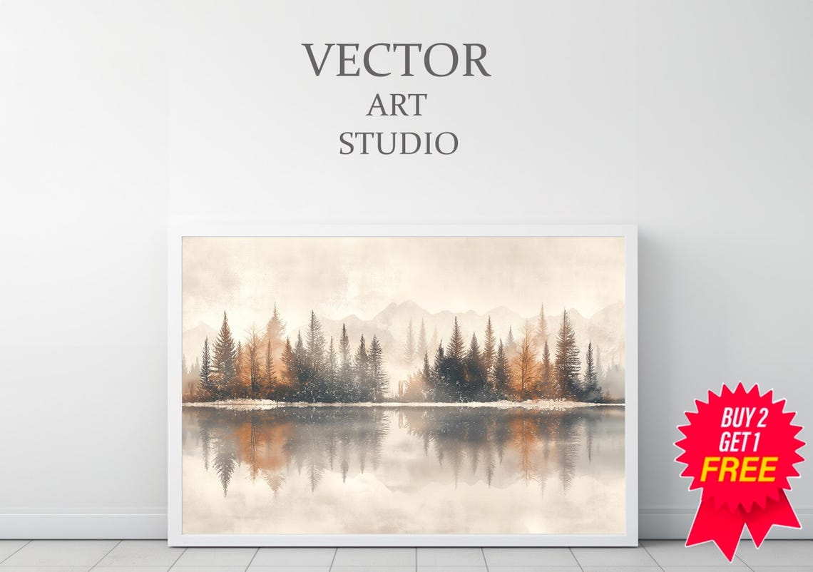 Misty Evergreen Forest Reflected in a Still Mountain Lake Art Poster - Image 3