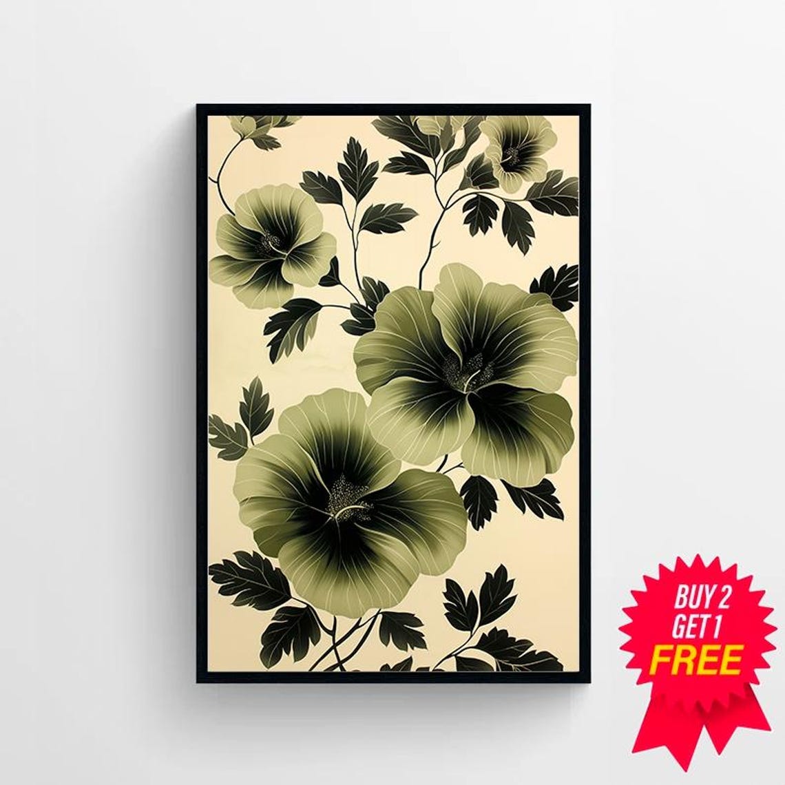 Olive Hibiscus Folk Flowers on Cream Vintage Botanical Poster - Image 4