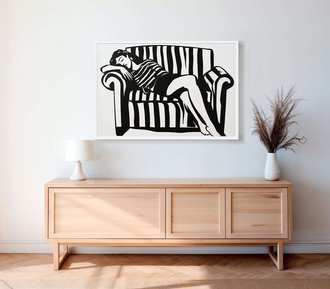 Reclining Woman on Striped Chaise Lounge Horizontal Black White Art Poster - Image 2