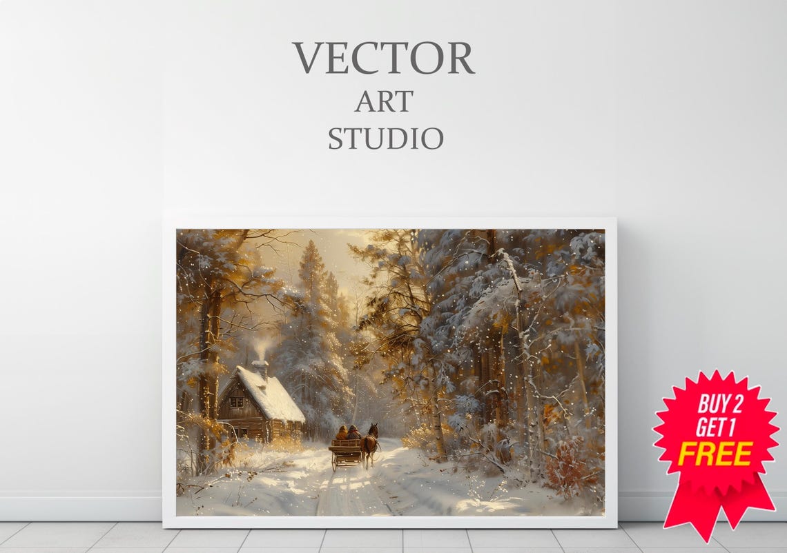 Golden Light Winter Cabin With Horse Sleigh In Snowy Woods Poster - Image 3