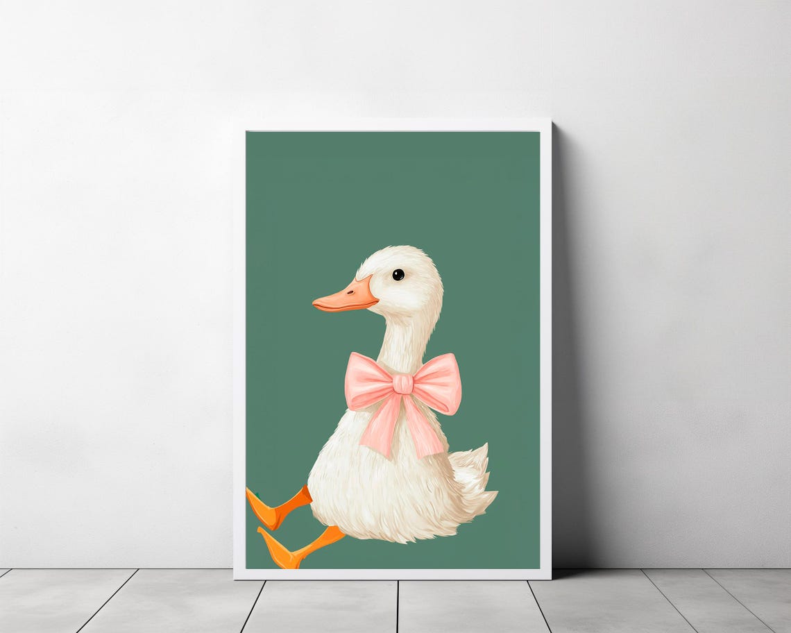 Cute Fluffy Duck With Big Pink Bow Running on Dark Green Poster - Image 3