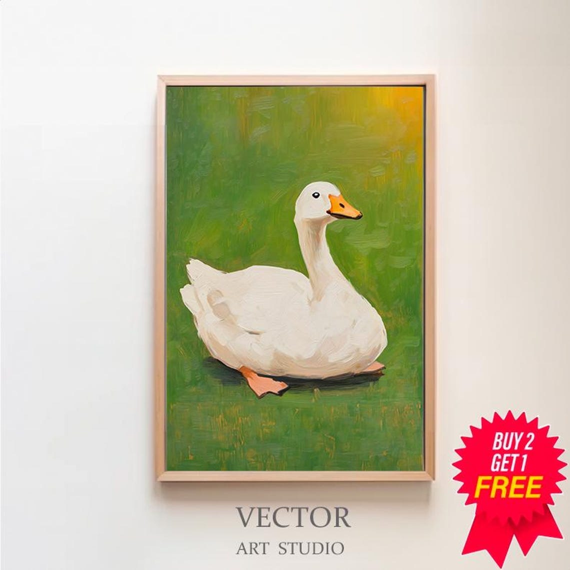 White Goose Sitting on Vivid Green Oil Painting Nursery Poster