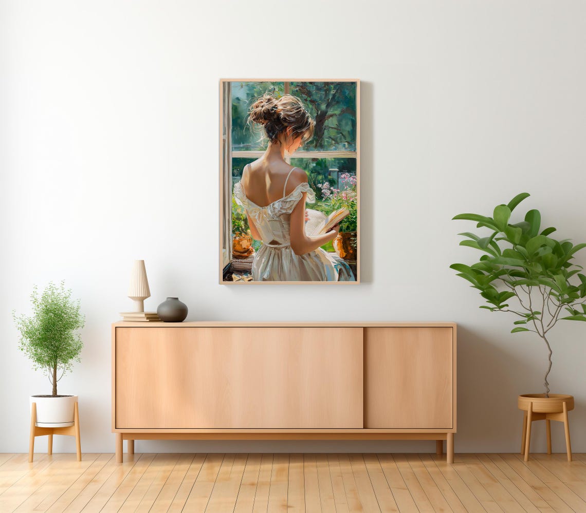Woman Reading a Book at a Sunlit Garden Window Vintage Art Poster - Image 2
