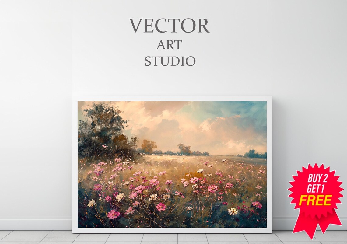 Pink Cosmos Wildflower Field at Sunset Vintage Summer Meadow Poster - Image 3