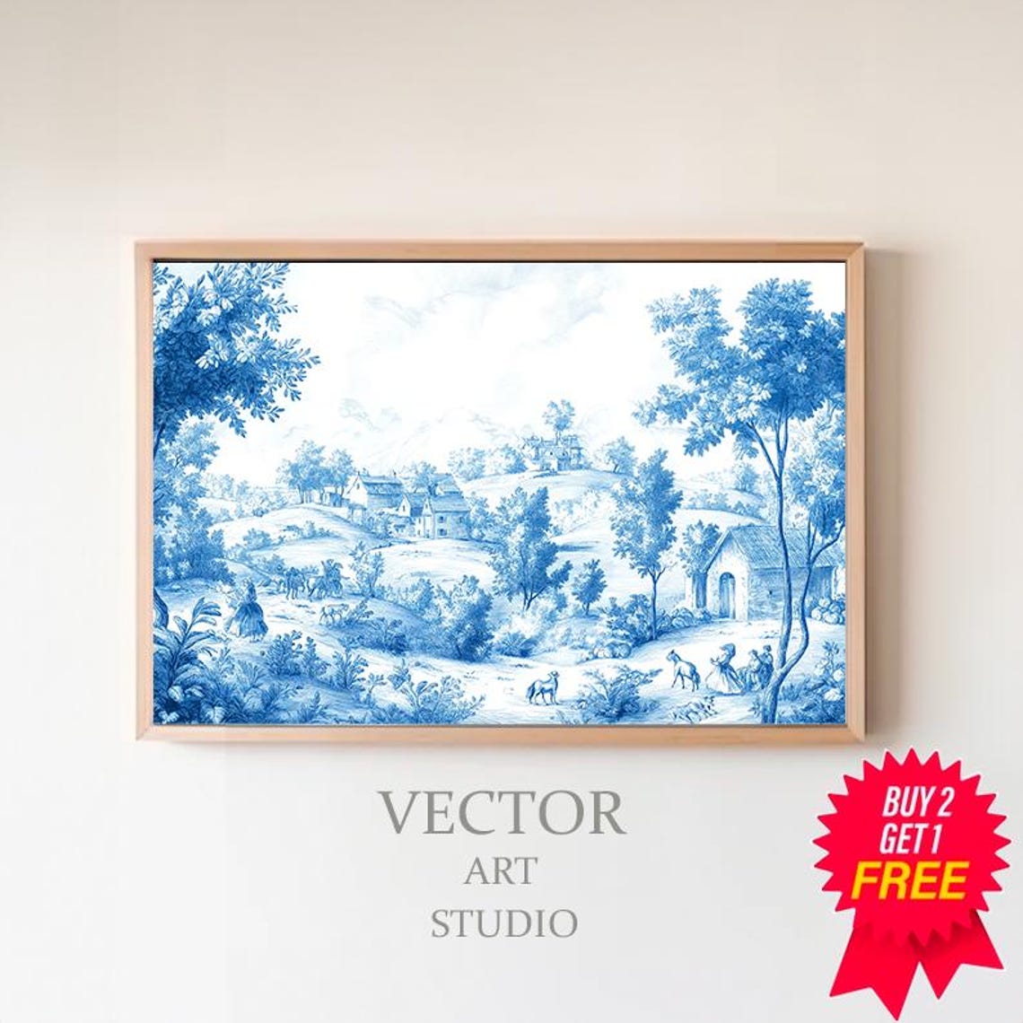 Blue And White Toile Chinoiserie Countryside Landscape Poster