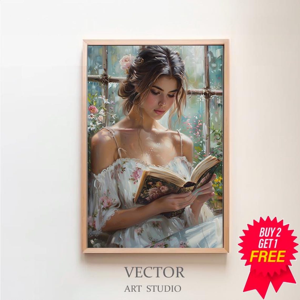 Romantic Woman Reading by a Window Framed with Pink Roses Poster