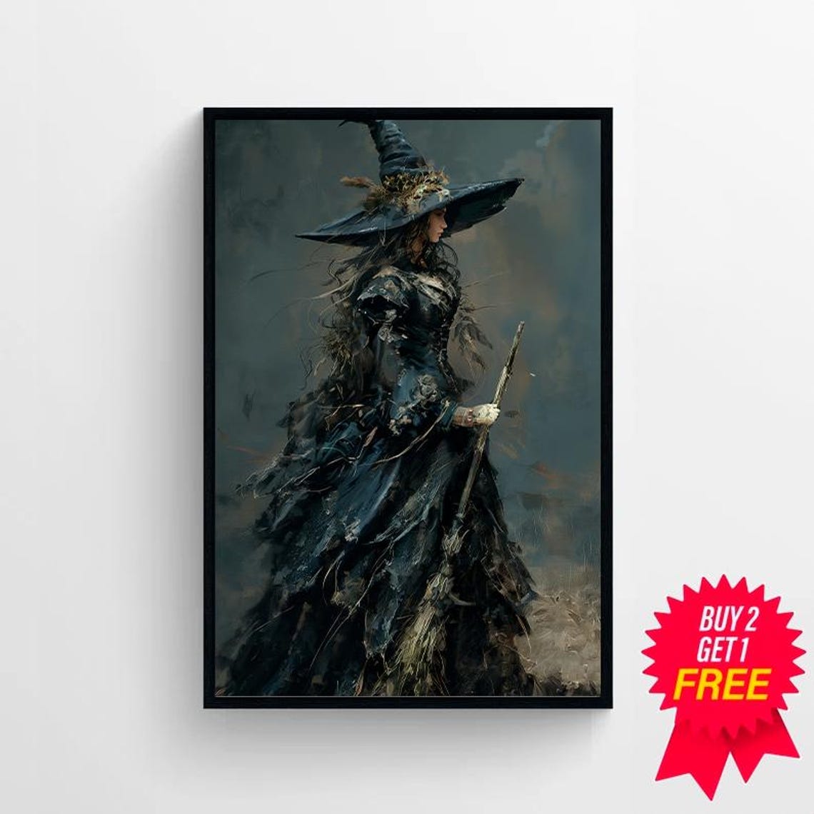 Haunting Witch in Profile with Broom Tattered Dress Halloween Poster - Image 4