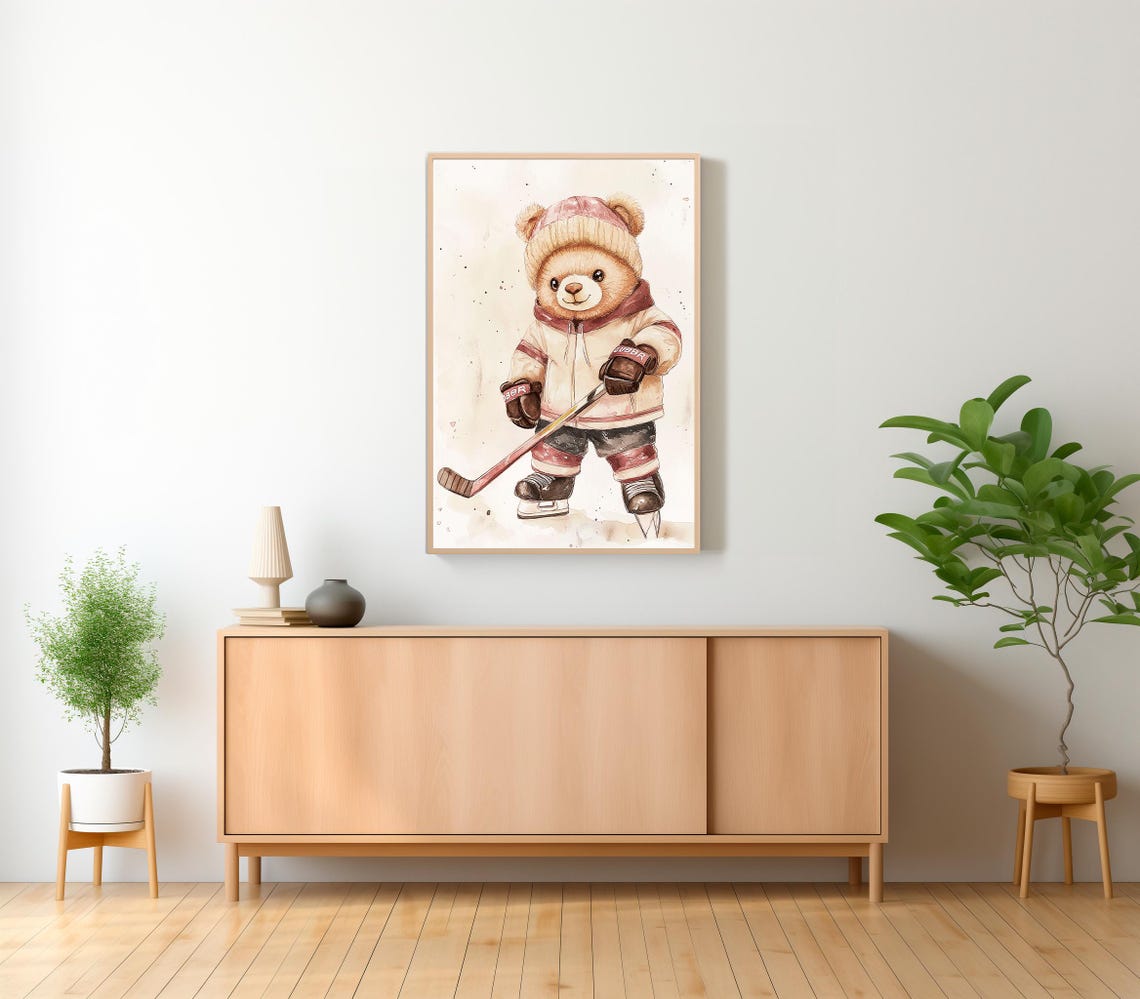 Cute Teddy Bear Hockey Player Watercolor Nursery Sports Poster - Image 2