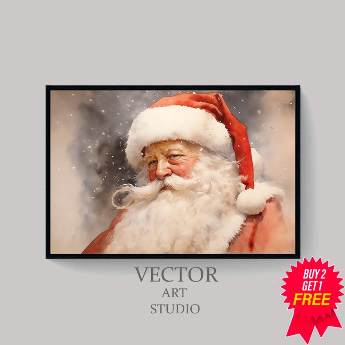 Vintage Santa Claus Close Portrait in Soft Snowy Gray Tones Poster - Image 4