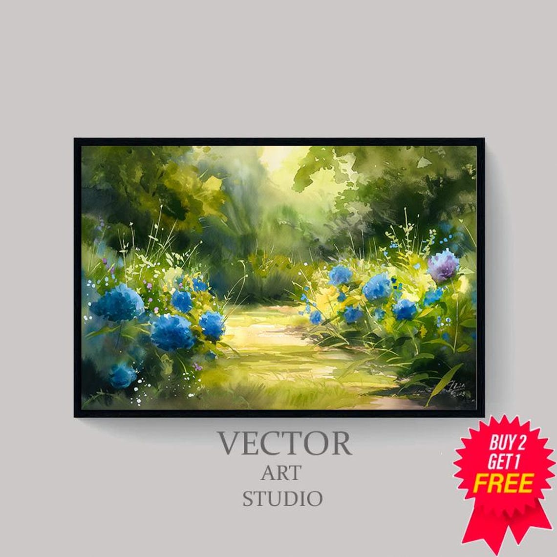 Sunlit Garden Path Watercolor Painting with Blue Wildflowers Poster - Image 4
