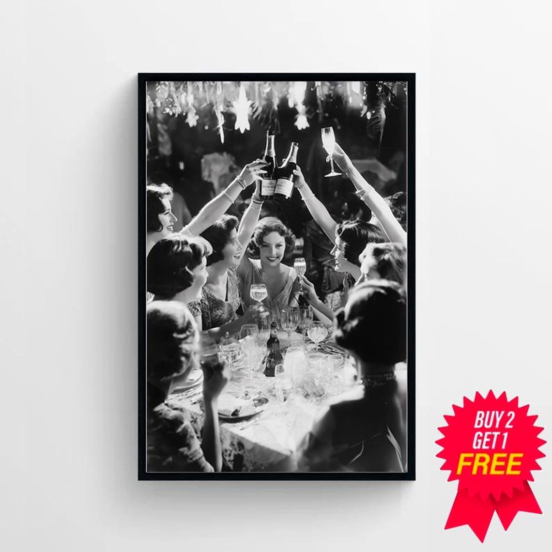 Women Raising Champagne Bottles in Celebration Black and White Poster - Image 4