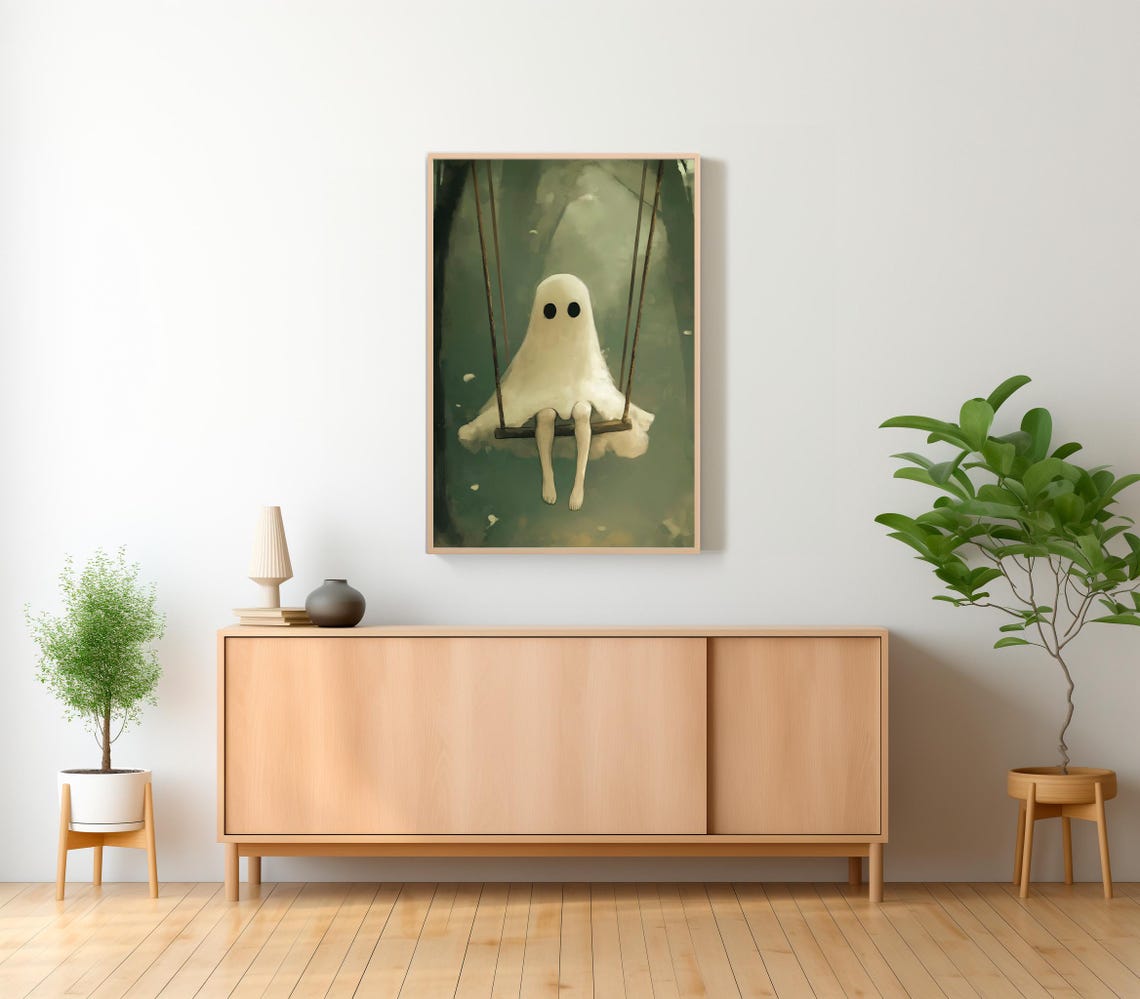 Cute Sheet Ghost Sitting on a Swing in Misty Green Forest Poster - Image 2
