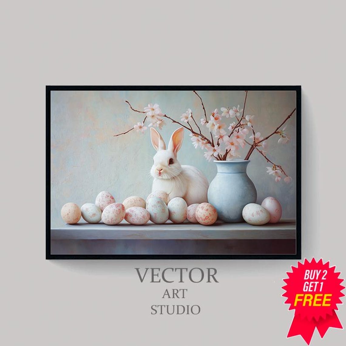 White Bunny with Easter Eggs and Cherry Blossom Spring Poster - Image 4