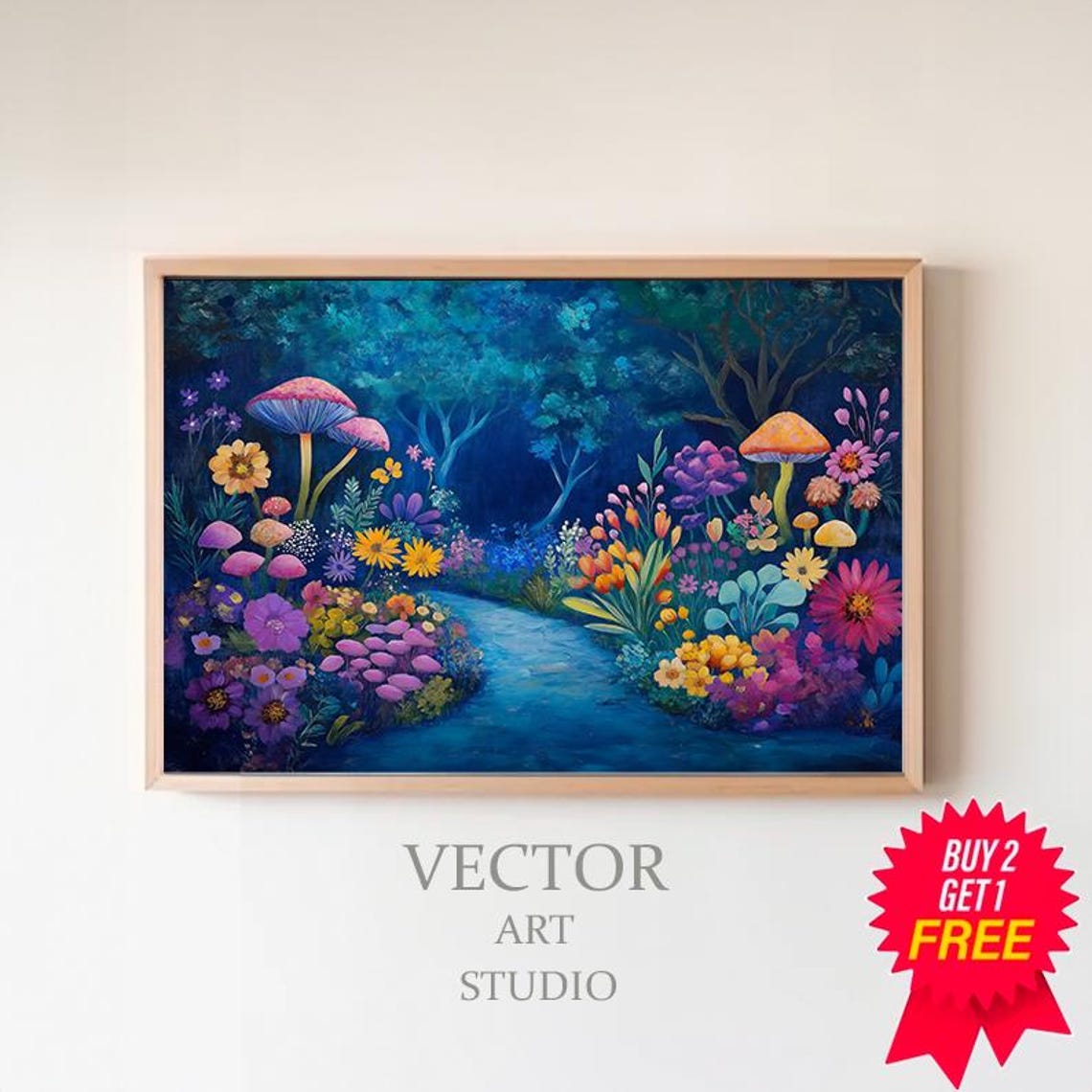 Moonlit Enchanted Garden With Glowing Mushrooms Night Poster