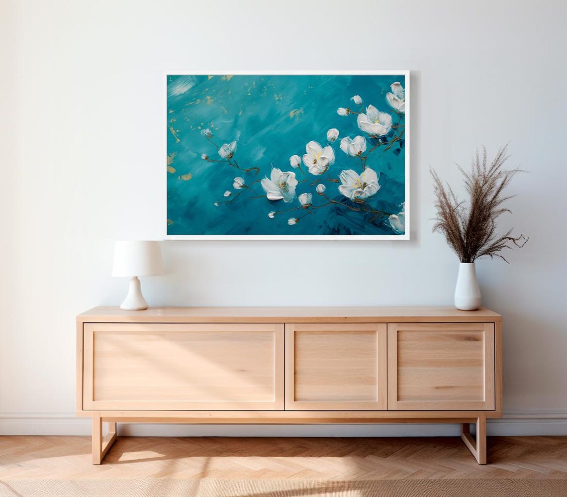 White Magnolia Blossoms On A Deep Teal Background Floral Wall Art - Image 2