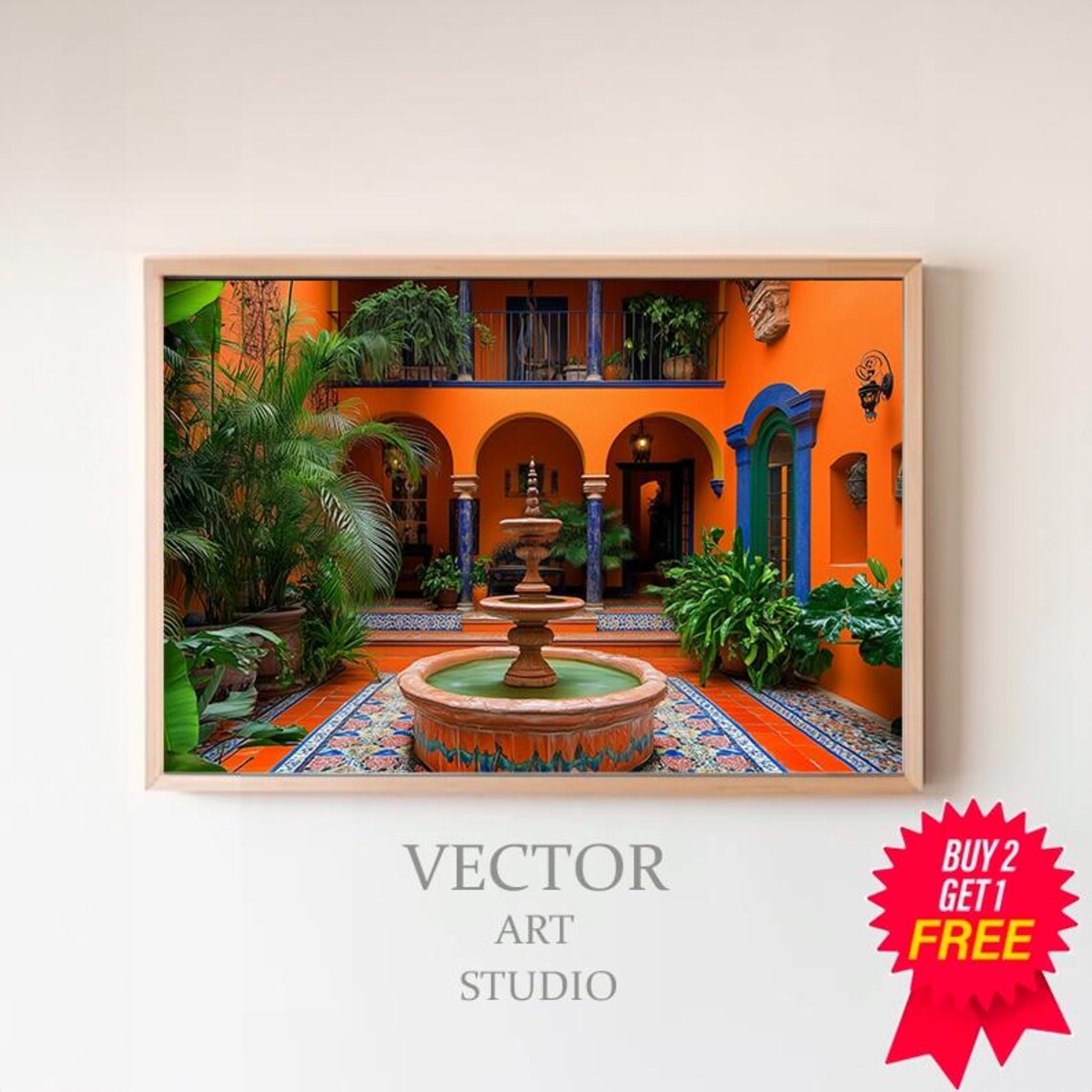 Mexican Courtyard With Orange Walls and Fountain Oil Painting Poster