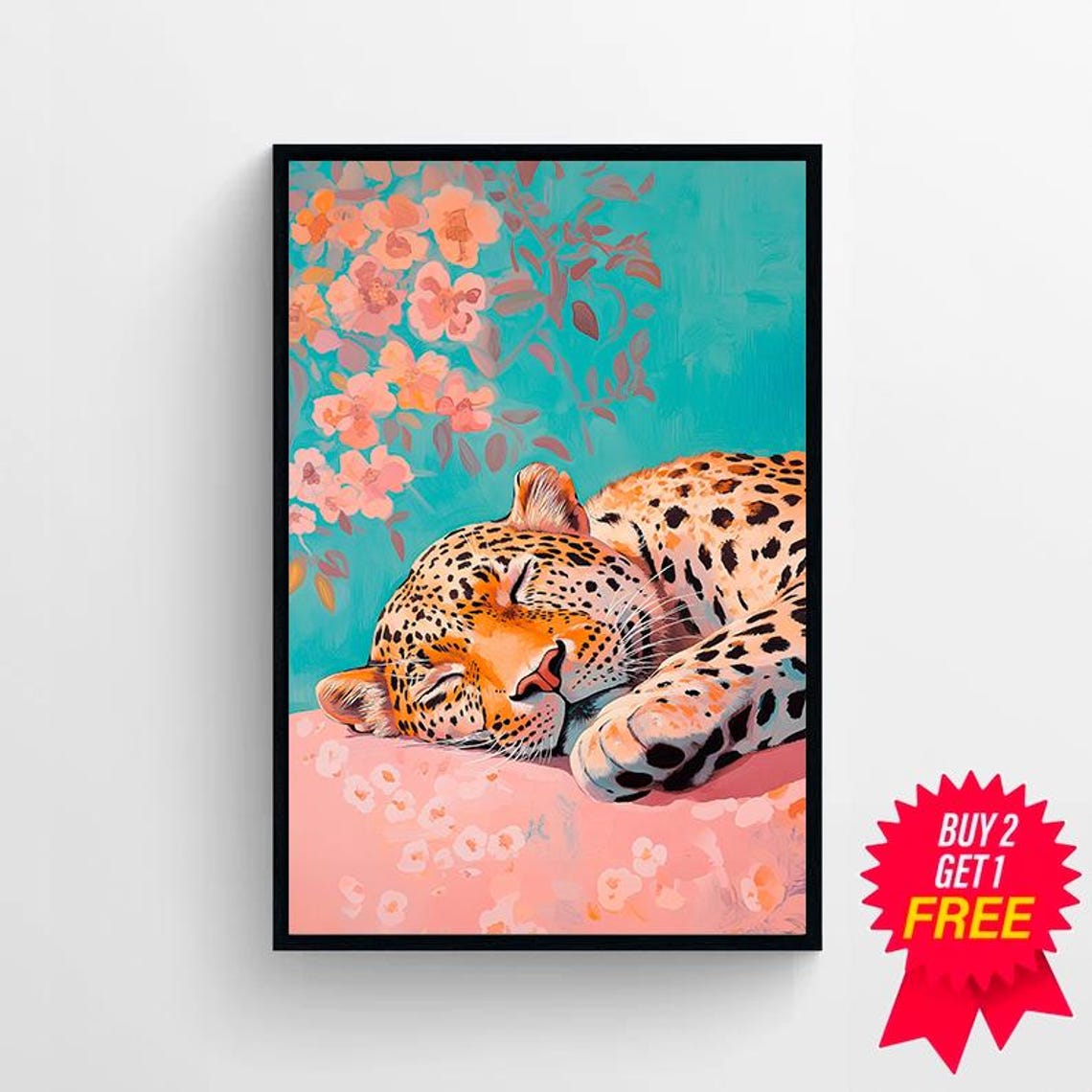 Wall Art Sleeping Leopard Maximalist Oil Painting Kitsch Wild Animal Eclectic Floral Print Bold Pink Dopamine Bedroom Poster - Image 4
