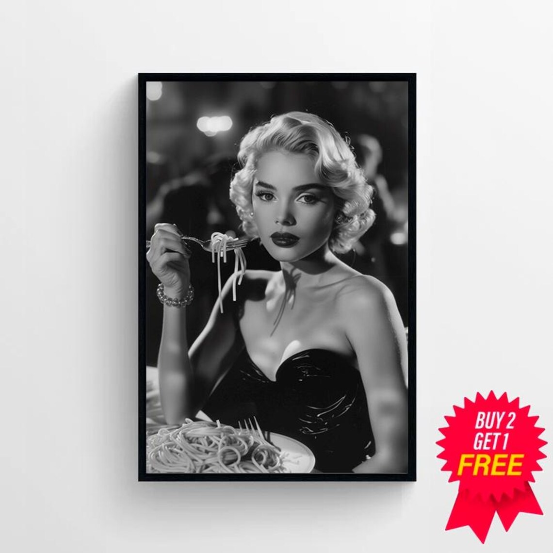 Blonde Woman Eating Spaghetti Vintage Style Black White Kitchen Poster - Image 4