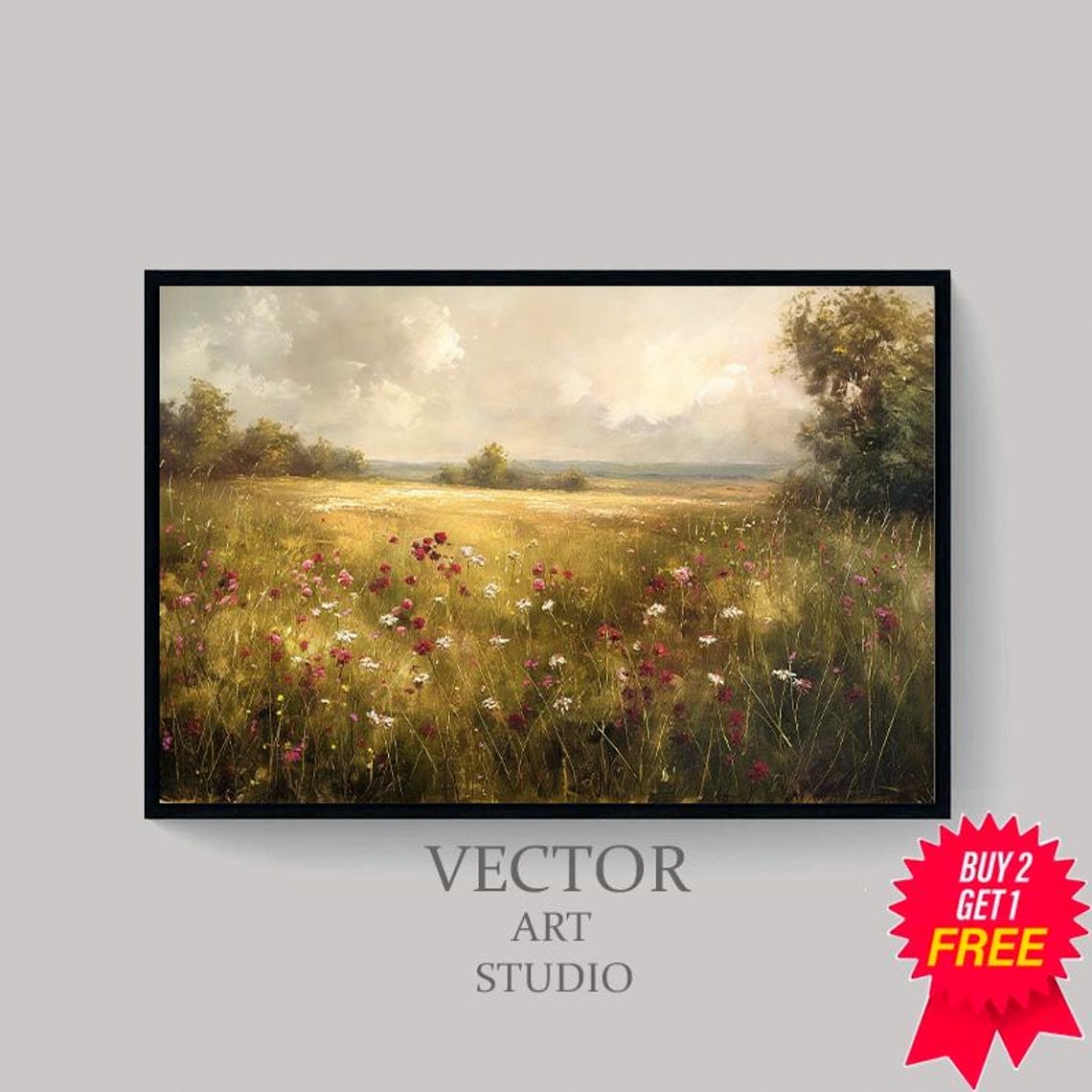 Pink Wildflower Meadow in Golden Light Vintage Spring Landscape Poster - Image 4