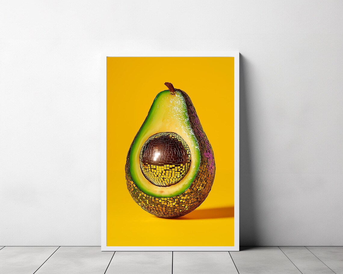 Wall Art Avocado Disco Ball Maximalist Painting Vivid Mirror Ball Girly Kitchen Print Dopamine Dining Room Preppy Food Poster - Image 3