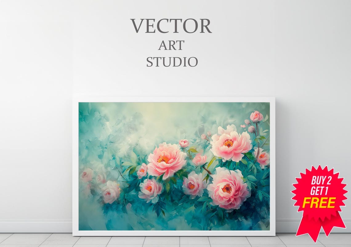 Pink Peony Blossoms Teal Watercolor Spring Floral Bloom Poster - Image 3