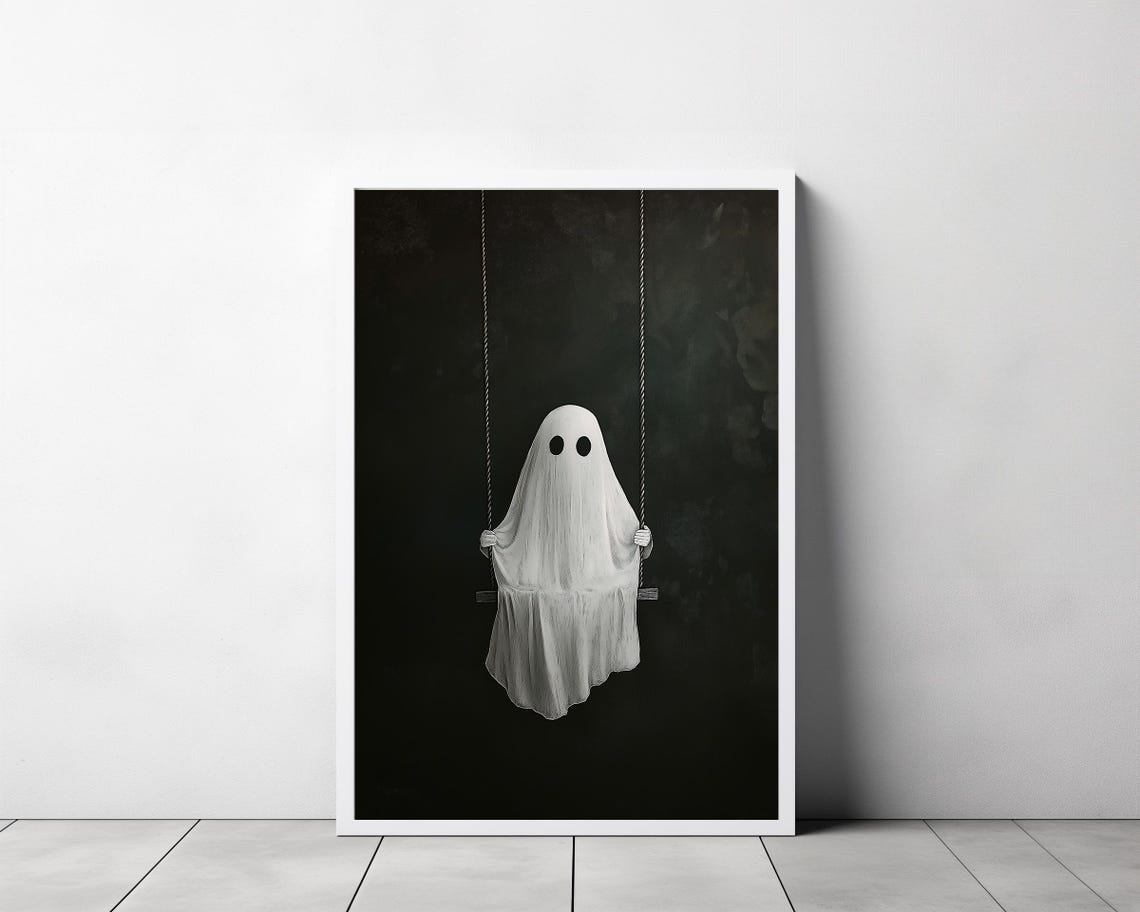 Sheet Ghost Standing Tall on a Swing at Night Moody Dark Poster - Image 3