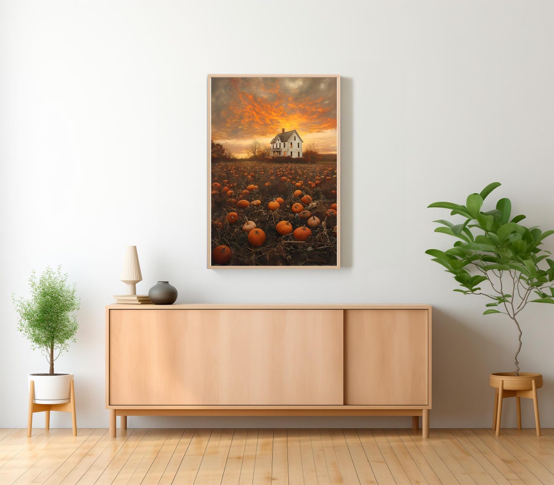 Dramatic Pumpkin Field Sunset with Old White Farmhouse Poster - Image 3