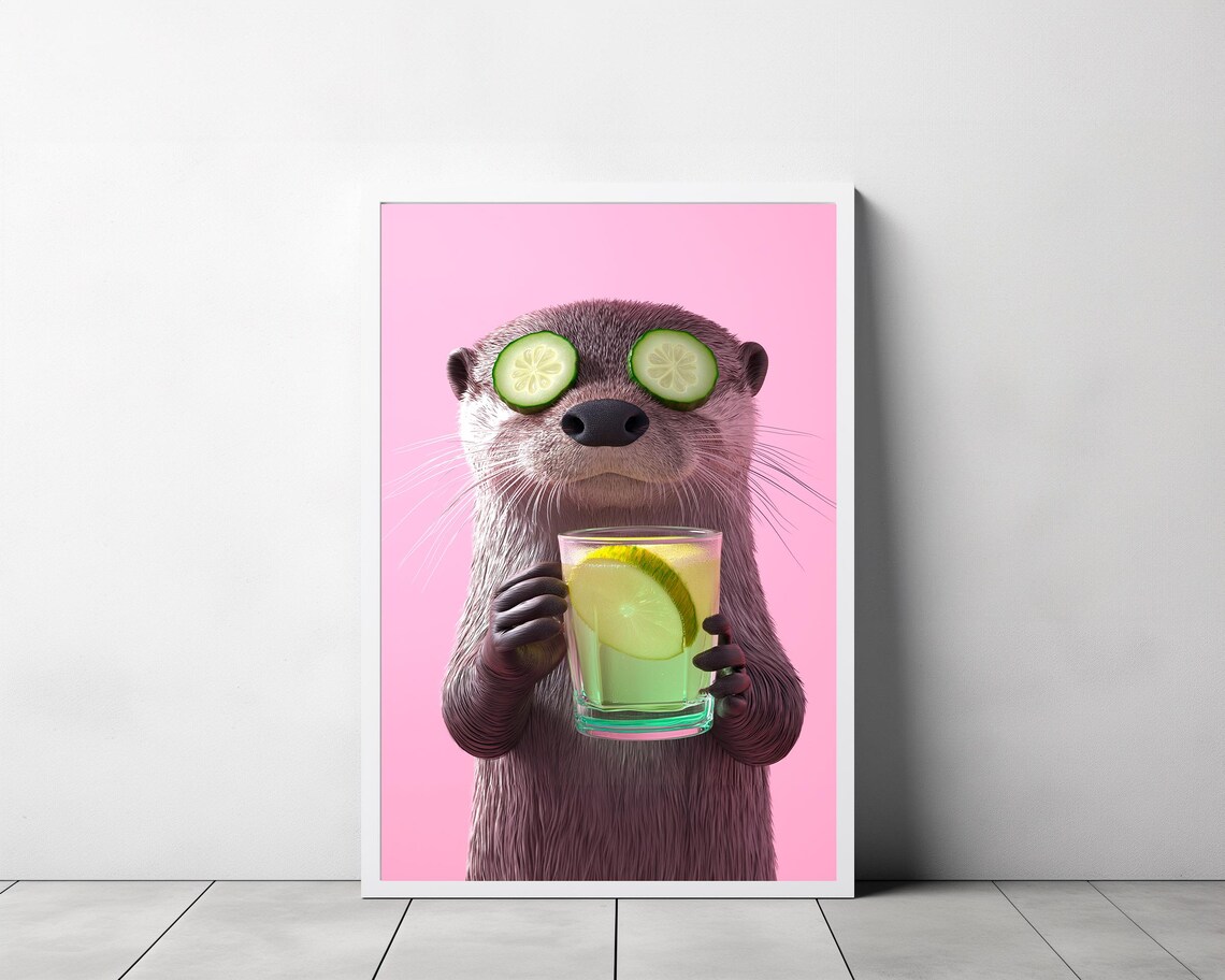 Otter with Cucumber Eyes Holding a Lime Cocktail Pink Funny Animal Poster - Image 3