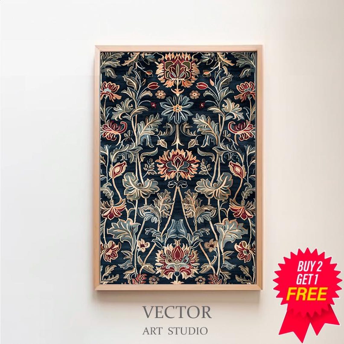 William Morris Style Navy Botanical Tapestry Floral Art Poster