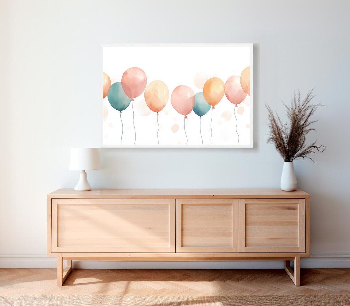 Soft Pastel Teal Pink Balloons Watercolor Birthday Party Art Print - Image 2