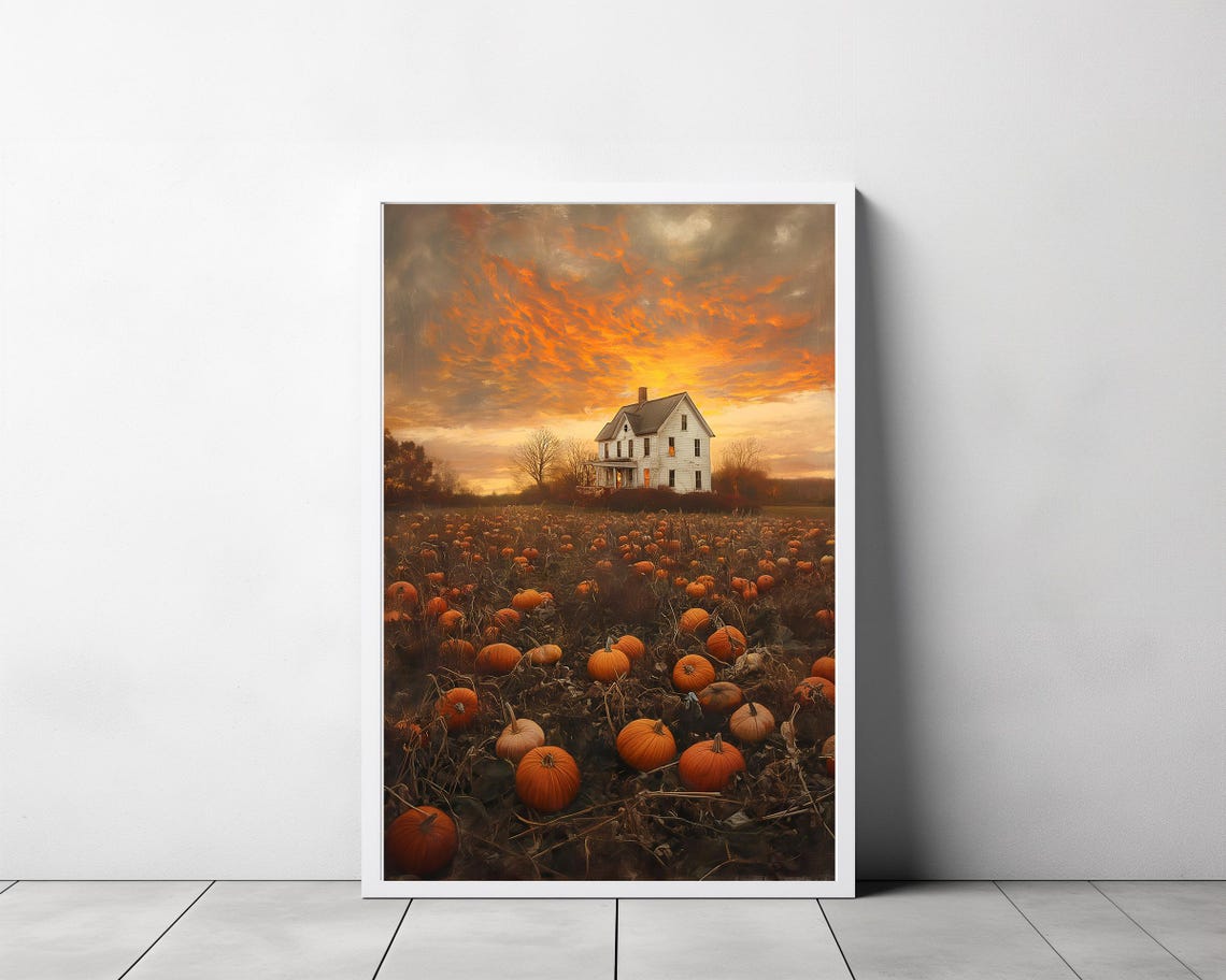 Dramatic Pumpkin Field Sunset with Old White Farmhouse Poster - Image 4