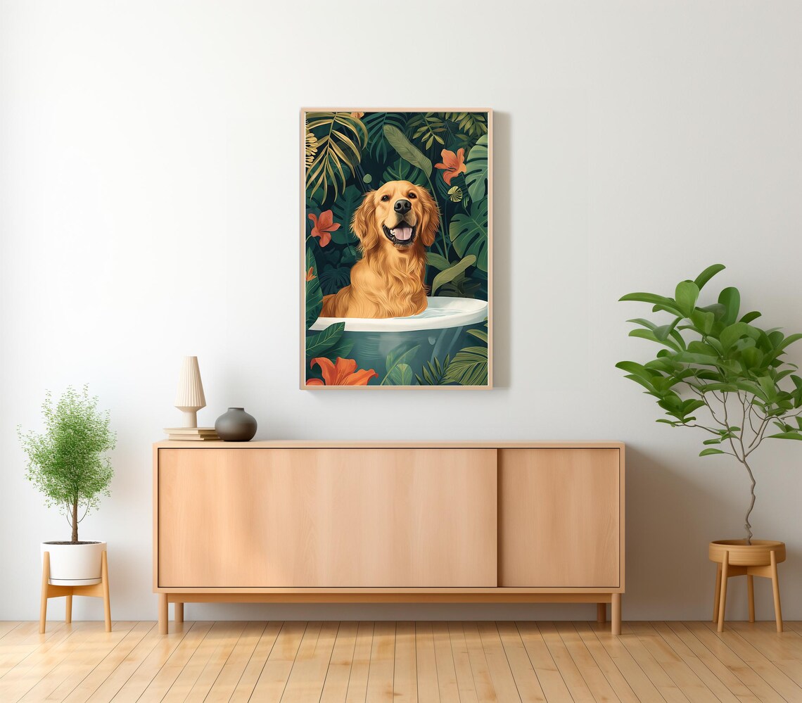 Grinning Golden Retriever Happy Bath Time Jungle Flower Poster - Image 2