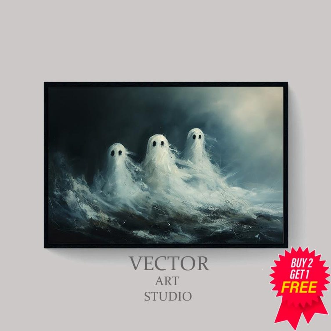 Three Cute White Ghosts in Dark Mist Halloween Painting Poster - Image 4