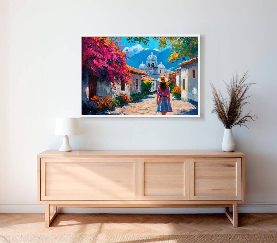 Colorful Mexican Village Street With Church Vibrant Folk Art Poster - Image 2
