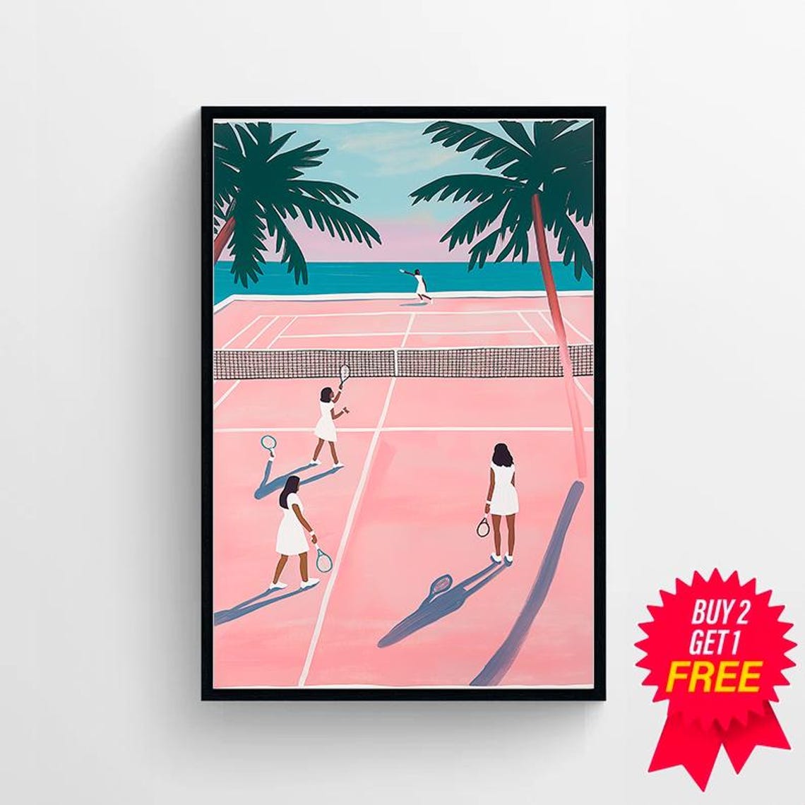 Beachside Tennis Players On A Pink Court With Palm Trees Poster - Image 4