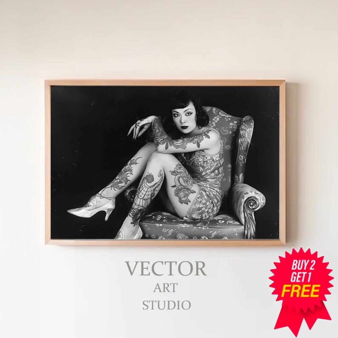 Tattooed Woman Reclining Portrait Vintage Black and White Photo Poster