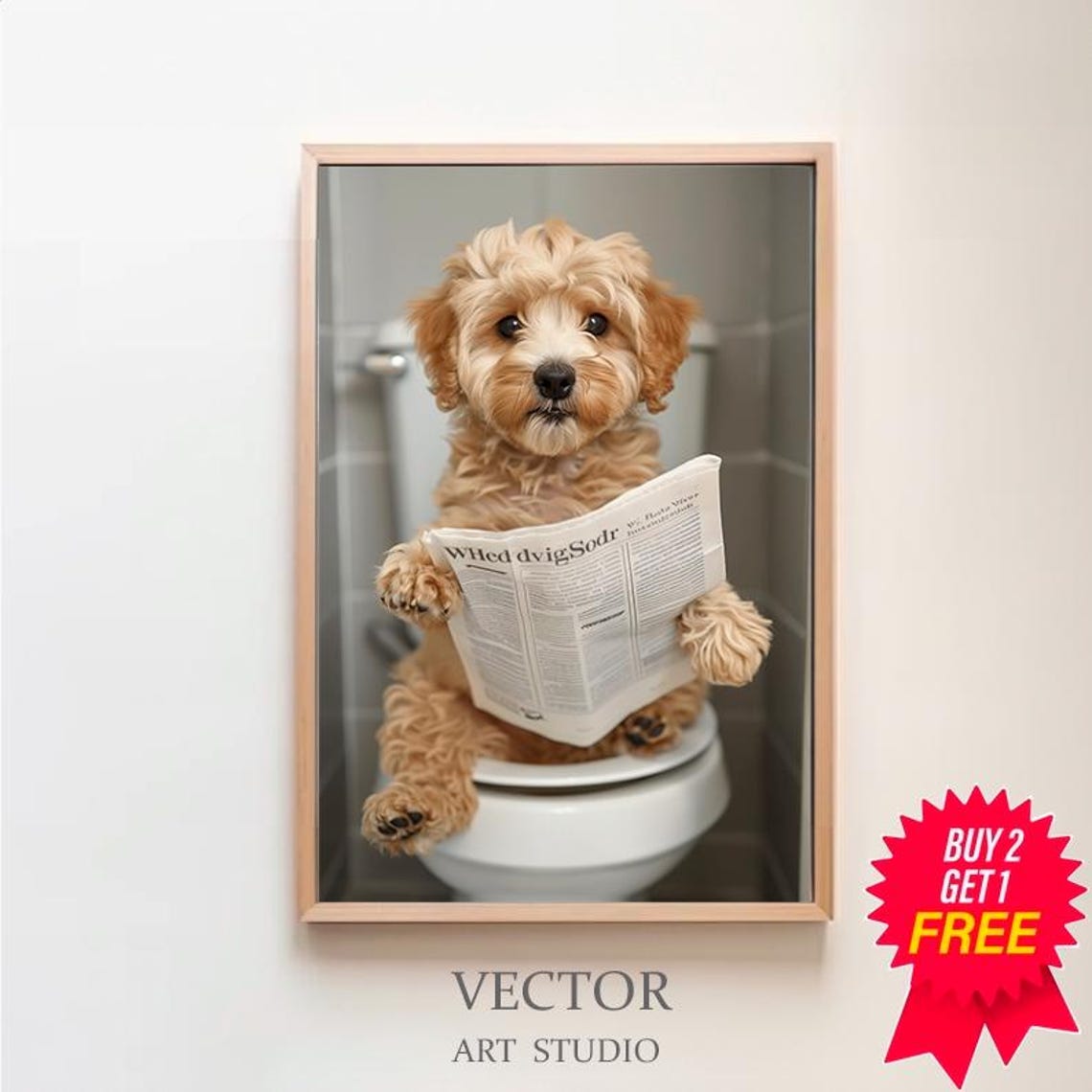 Curly Cockapoo Reading the Morning Paper on Toilet Humor Print