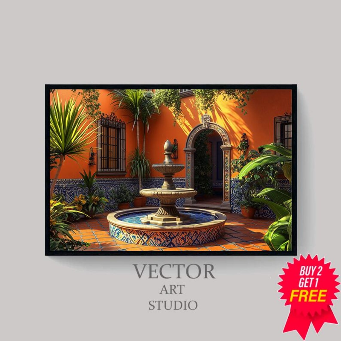 Sunlit Mexican Courtyard Mosaic Tile Fountain Garden Art Poster - Image 4