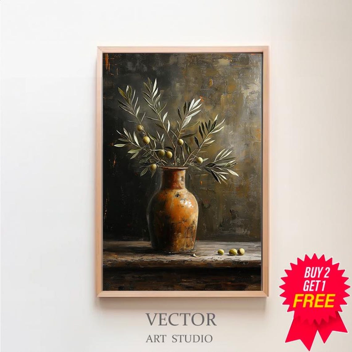 Olive Branches in Terracotta Vase Dark Moody Botanical Art Print