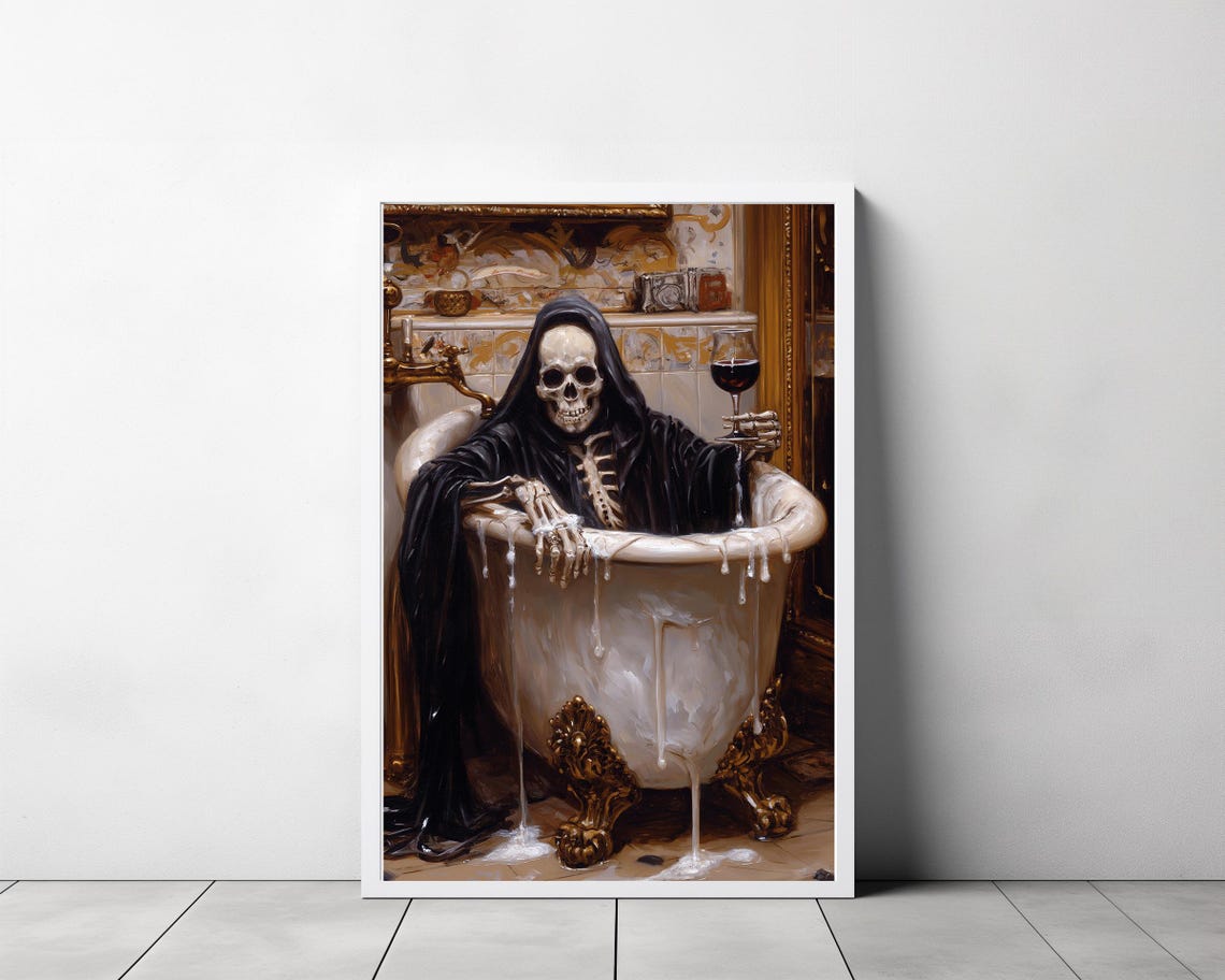 Grim Reaper In Bubble Bath Drinking Red Wine Dark Gothic Poster - Image 3