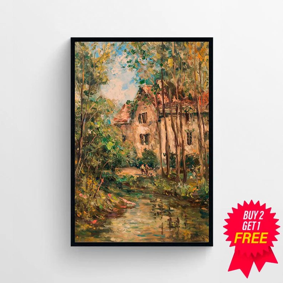 Spring Country Oil Painting Vintage Stream Landscape Print Rustic Farmhouse Cottage Print Art Art - Image 4