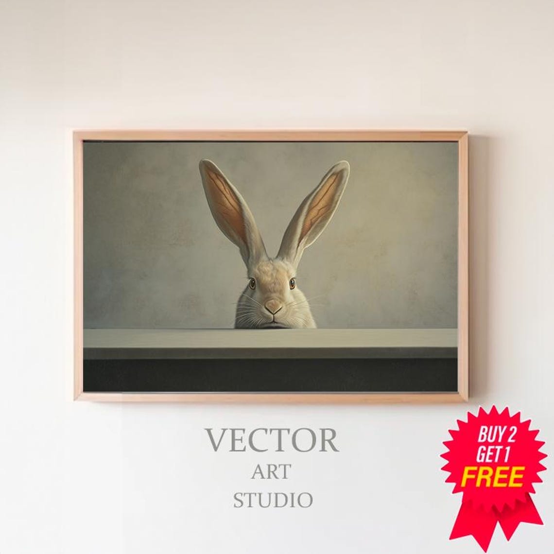 Cream Bunny with Tall Ears Peeking Over a Wooden Ledge Poster